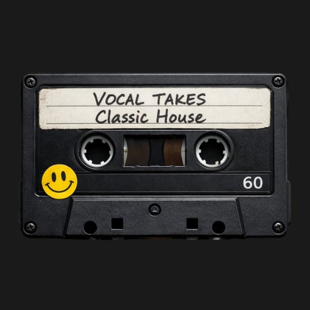 Vintage cassette tape labeled "Vocal Takes Classic House" with a smiley sticker.