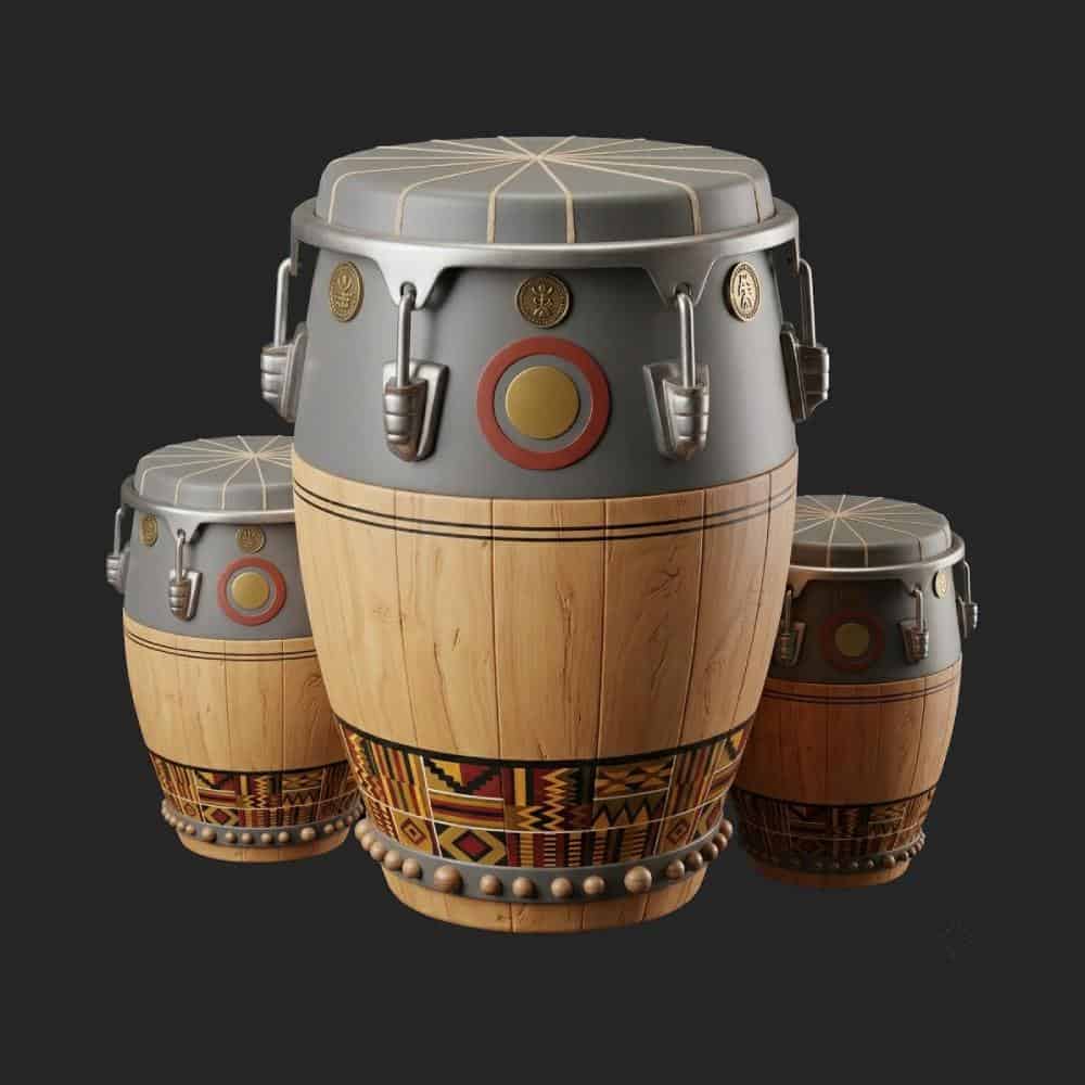 Three Afro House percussion drums with wooden and metallic details.