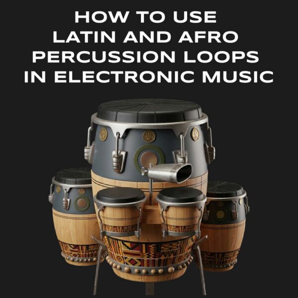 Latin and Afro percussion instruments — conga, bongo and cowbell on black background