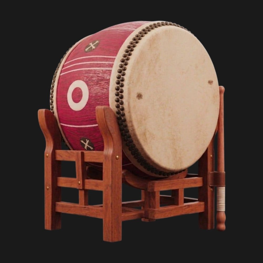 Authentic Taiko drum with red and white design, mounted on a wooden stand for performances.