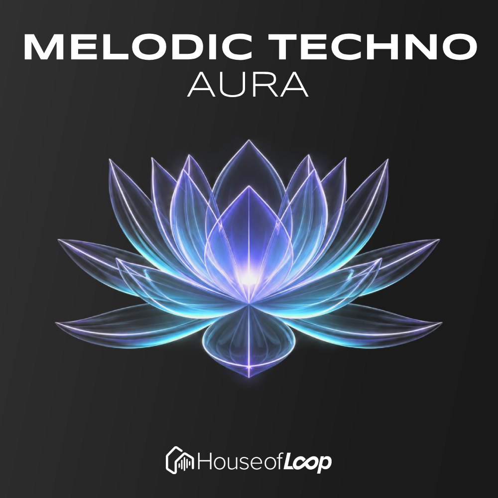 Electronic music artwork with glowing lotus flower for Melodic Techno Aura.