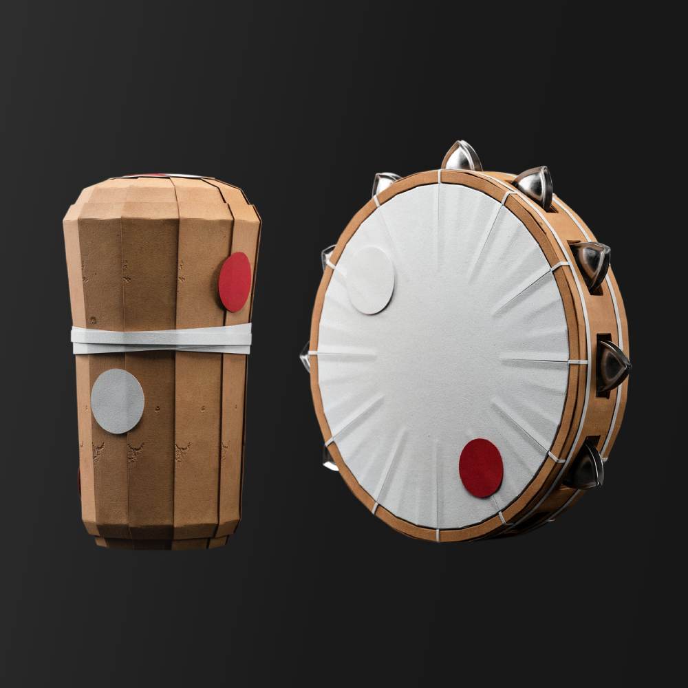 Close-up of cardboard tambourine and shaker, ideal for electronic music production sample packs and loops.