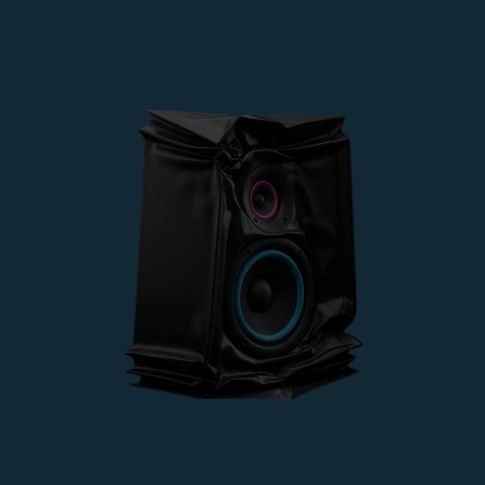 Studio monitor speaker wrapped in black plastic for protection or transport.